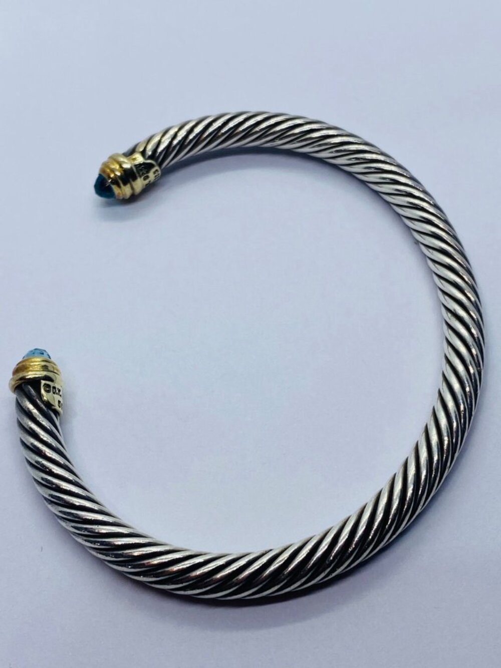 David Yurman Sterling Silver 925 Gold 5mm Cable Cuff Bracelet Blue Stone - Picture 14 of 16